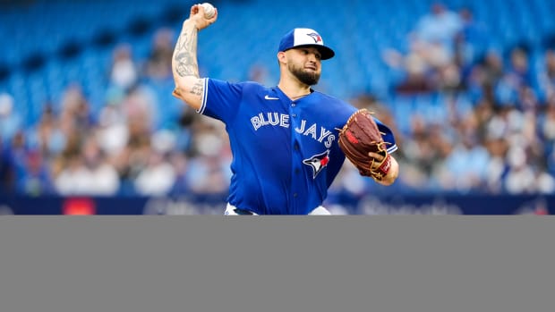 Toronto Blue Jays starting pitcher Alek Manoah (6) delivers a pitch against the Boston Red Sox during the first inning at Rogers Centre in Toronto on June 29, 2022.